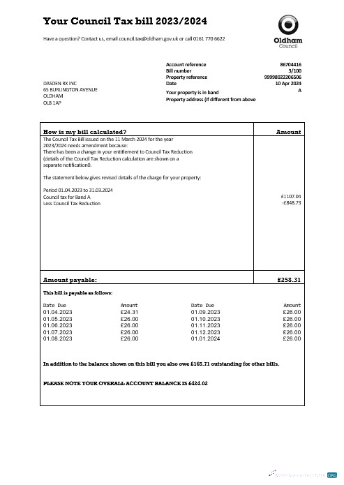 United Kingdom Oldham council tax business utility bill template in Word and PDF formats
